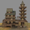 Multi Story Wooden Building With Tower Balconies And Gabled Roof On Grassland