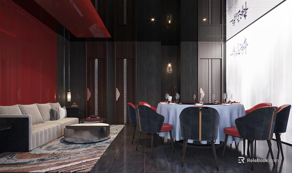 Elegant Private Dining Room Interior With Red Walls Dark Wood Sofa And Round Table 3d model 