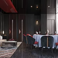 Elegant Private Dining Room Interior With Red Walls Dark Wood Sofa And Round Table