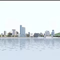 Urban City Skyline View With Water Reflections And Blue Sky Tall Buildings