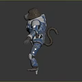 Ape in Blue and Silver Spacesuit Standing with Green Object on Gray Background