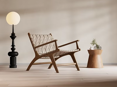 Leisure Chair Modern Wooden Frame Woven Seat Floor Lamp Side Table Plant Interior 3d model