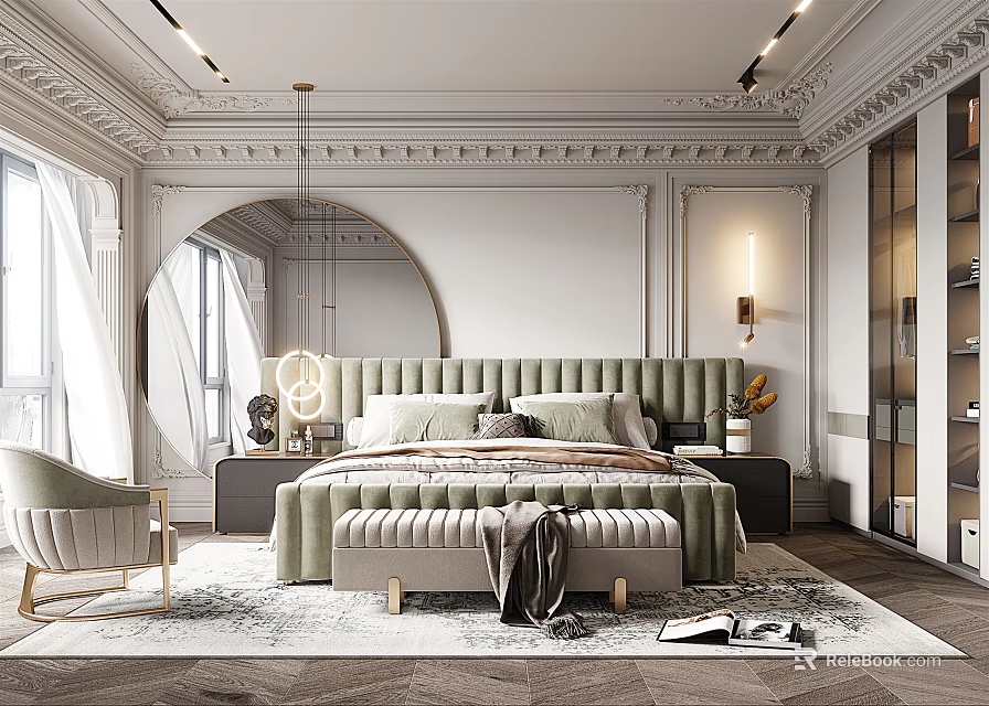 Luxurious Bedroom Interior With Tufted Headboard Area Rug And Wall Lighting 3d model 