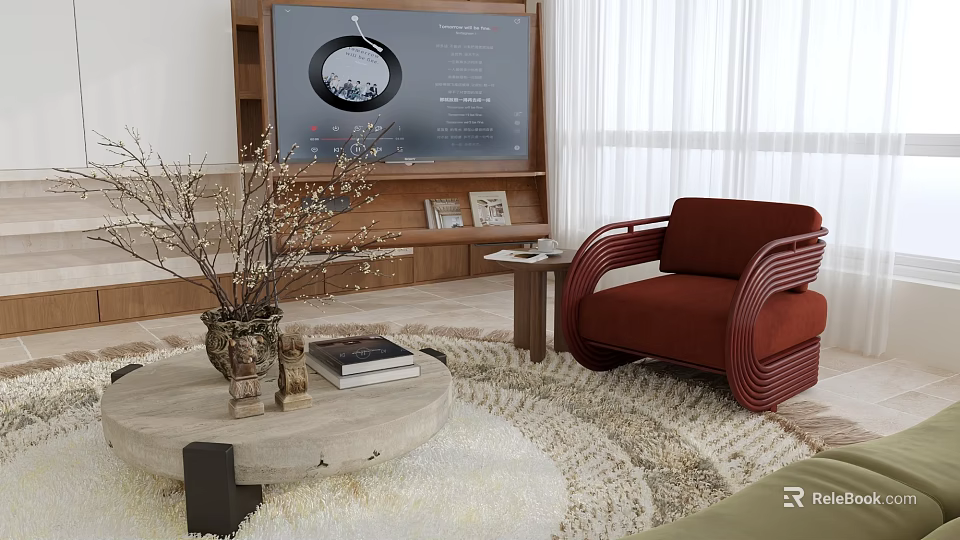 Modern Living Room Sofa And Coffee Table Set With Red Armchair Round Table Vase Books TV Wall And Curtains 3d model 