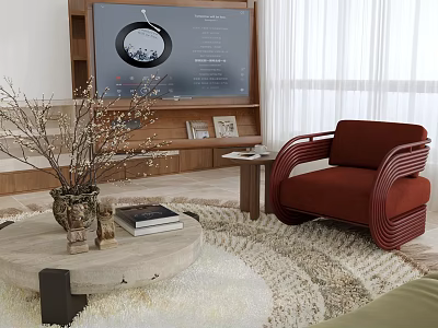 Modern Living Room Sofa And Coffee Table Set With Red Armchair Round Table Vase Books TV Wall And Curtains 3d model