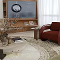 Modern Living Room Sofa And Coffee Table Set With Red Armchair Round Table Vase Books TV Wall And Curtains