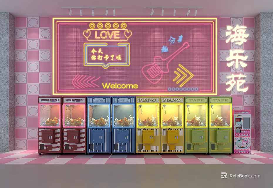 Colorful Claw Machines Amusement Equipment With Pink Wall Decor And Welcome Sign 3d model 