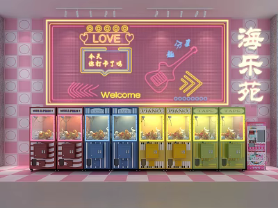 Colorful Claw Machines Amusement Equipment With Pink Wall Decor And Welcome Sign 3d model