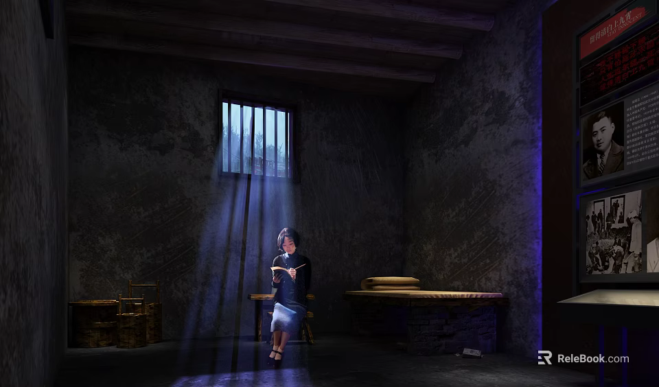 Historical Cultural Center Interior With Iron Barred Window Sunlight And Person Reading 3d model 