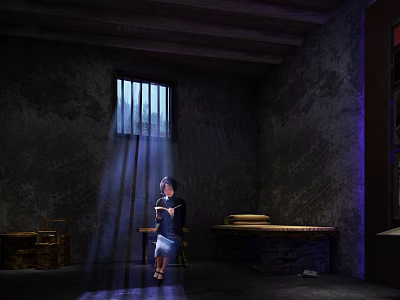 Historical Cultural Center Interior With Iron Barred Window Sunlight And Person Reading 3d model
