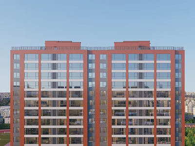 Aerial Planning High Rise Residential Building Red Brick Exterior Glass Curtain Walls Blue Sky Greenery 3d model