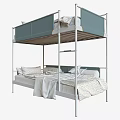 Modern Bunk Bed With Light Blue Mattress White Metal Ladder Soft Pillows And Blanket