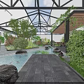Tranquil Indoor Landscape With Glass Roof Water Feature Rocks Lush Green Plants And Wooden Deck