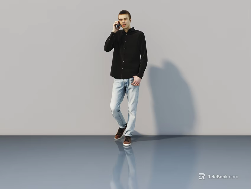 Man In Black Shirt And Light Blue Jeans Talking On Phone Against Gray Wall 3d model 