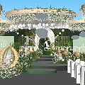 Elegant Banquet Hall With Golden Iron Fence White Carved Arch Green Plants And Unicorn Sculpture