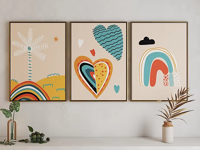 Abstract Paintings Three Framed With Rainbow Heart Wavy Lines Tree Stars Clouds Home Wall Decor 3d model