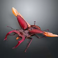 Red Flying Beetle with Large Horns and Orange Wings Showcasing Flying Insect Features