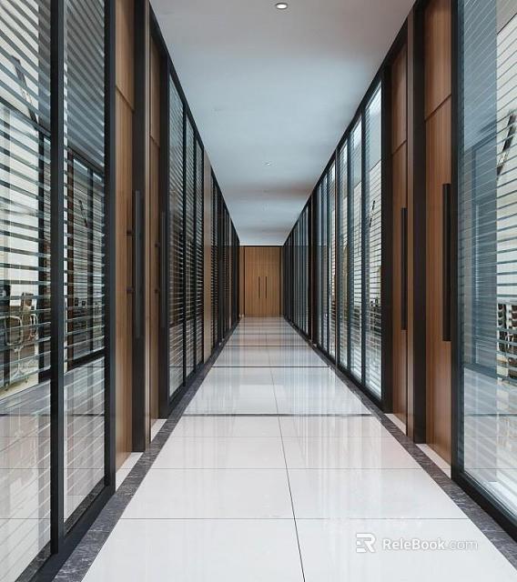 Long Modern Office Corridor Interior With Glass Partitions Wooden Doors And White Tiled Floor 3d model 