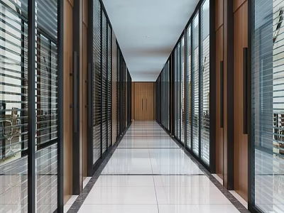 Long Modern Office Corridor Interior With Glass Partitions Wooden Doors And White Tiled Floor 3d model