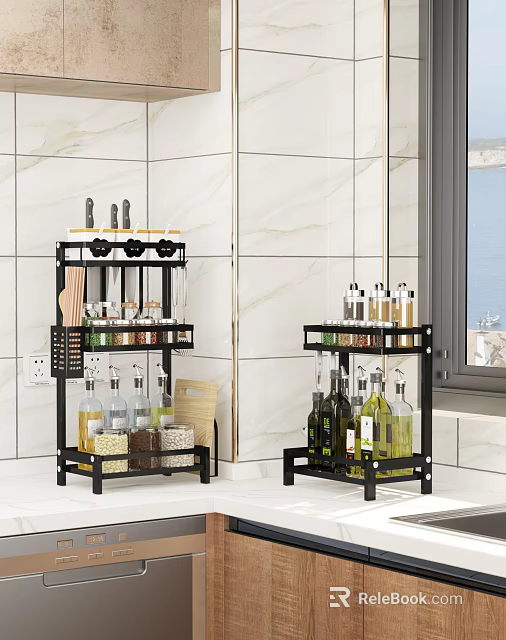 Black Multi tiered Bathroom Cabinet Rack With Spice Bottles Knives And Cutting Boards 3d model 