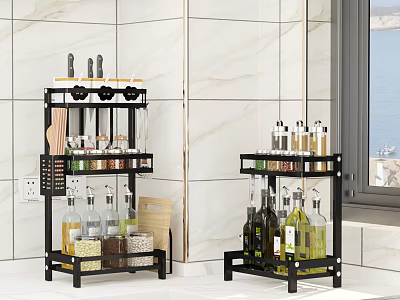 Black Multi tiered Bathroom Cabinet Rack With Spice Bottles Knives And Cutting Boards 3d model