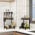 Black Multi tiered Bathroom Cabinet Rack With Spice Bottles Knives And Cutting Boards