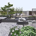 Modern Courtyard Garden With Stone Paving Circular Slabs Water Feature Greenery And Seating Area