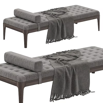 Modern Upholstered Ottoman Bench With Wooden Legs Gray Throw Blanket And Rolled Cushion 3d model