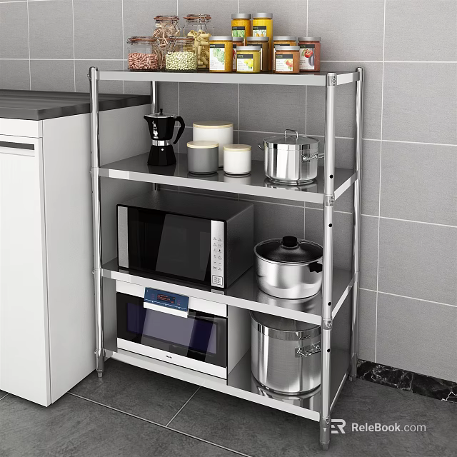 Stainless Steel Bathroom Cabinet Rack Multilayer Shelf With Microwave Oven And Kitchen Supplies Storage 3d model 