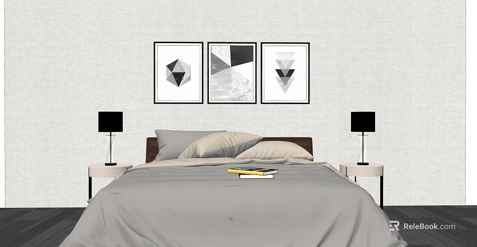 Modern Double Bed With Geometric Wall Art Bedside Tables And Black Table Lamps 3d model 