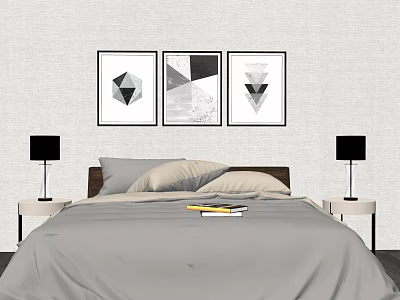 Modern Double Bed With Geometric Wall Art Bedside Tables And Black Table Lamps 3d model