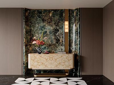 Luxurious Entryway With Green Marble Wall Beige Console Table Flower Arrangement Sconce And Geometric Rug 3d model