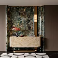 Luxurious Entryway With Green Marble Wall Beige Console Table Flower Arrangement Sconce And Geometric Rug