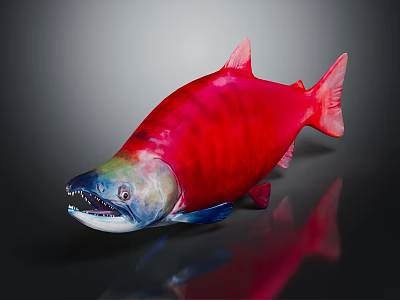 Colorful Salmon Fish with Vibrant Red Green Blue Hues on Dark Background with Reflective Surface 3d model