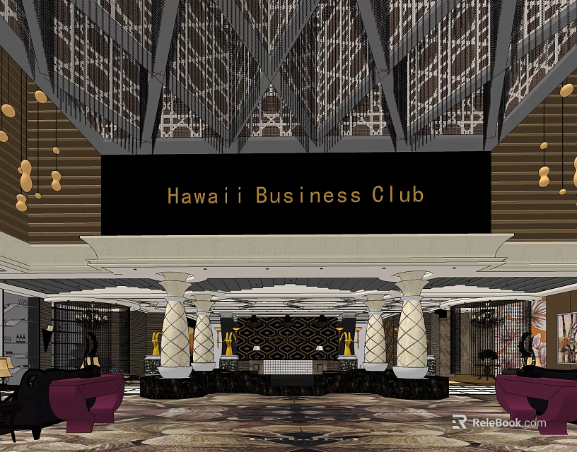 Hawaii Business Club Reception Desk With Elegant Interior And Decorative Columns 3d model 
