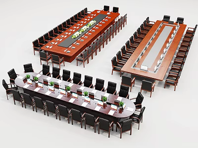 Modern Wooden Conference Table Setup With Black Leather Chairs And Decorative Centerpieces 3d model