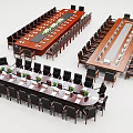 Modern Wooden Conference Table Setup With Black Leather Chairs And Decorative Centerpieces