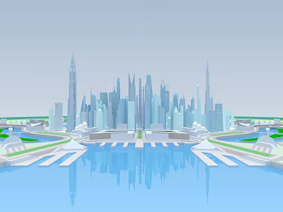 Stunning Modern City Skyline Landscape With Water Reflections Urban Skyscrapers And Buildings 3d model