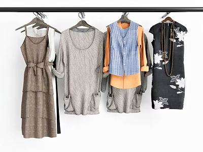 Clothes Hangers With Various Dresses Tops Vests And Skirts Hanging On Rail 3d model