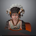 3D Character Head Model With Ram Horns Brown Hair And Red Cape Armor