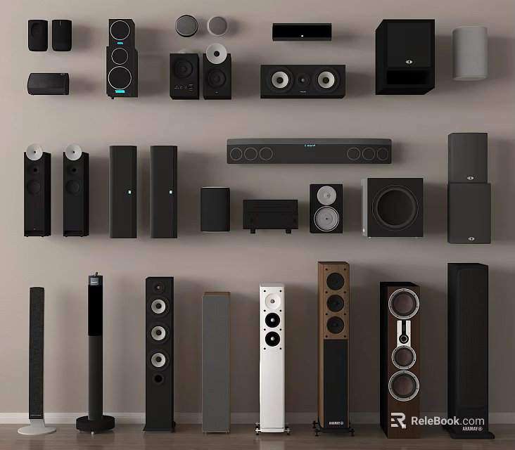 Diverse Collection of Headphones and Speakers Arranged on Wall and Floor 3d model 