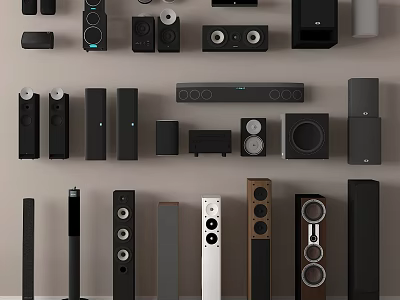 Diverse Collection of Headphones and Speakers Arranged on Wall and Floor 3d model