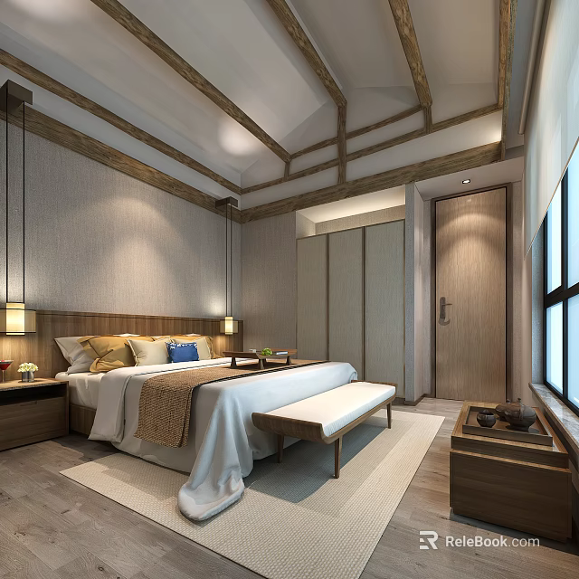 Hotel Room Interior With Comfortable Bed Bench Nightstand Wardrobe And Lighting 3d model