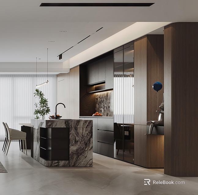 Modern Restaurant Interior Design With Marble Island Wooden Cabinets And Pendant Lights 3d model 