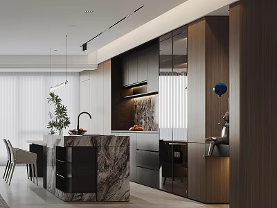 Modern Restaurant Interior Design With Marble Island Wooden Cabinets And Pendant Lights 3d model