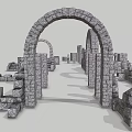 Stone and Wood Ancient Ruins Architecture with Arches Stairs and Masonry Structures
