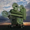 Green Military Weapon Radar System With Three Large Dishes On Mobile Wheeled Platform