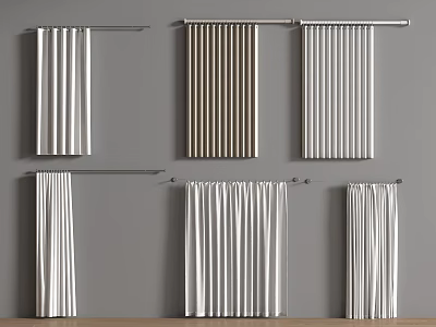 Modern Pleated Curtains In Neutral Tones Hanging On Metal Rods For Home Decor 3d model