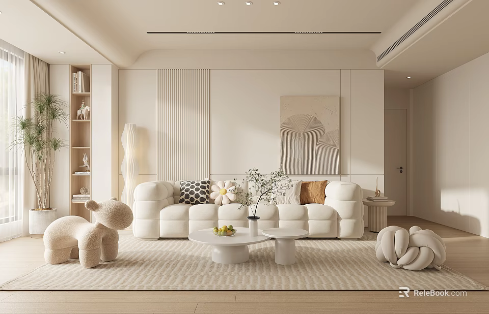 Modern Living Room Interior With White Sofa Round Coffee Table Green Plant And Floor Lamp 3d model 