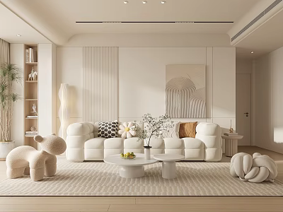 Modern Living Room Interior With White Sofa Round Coffee Table Green Plant And Floor Lamp 3d model